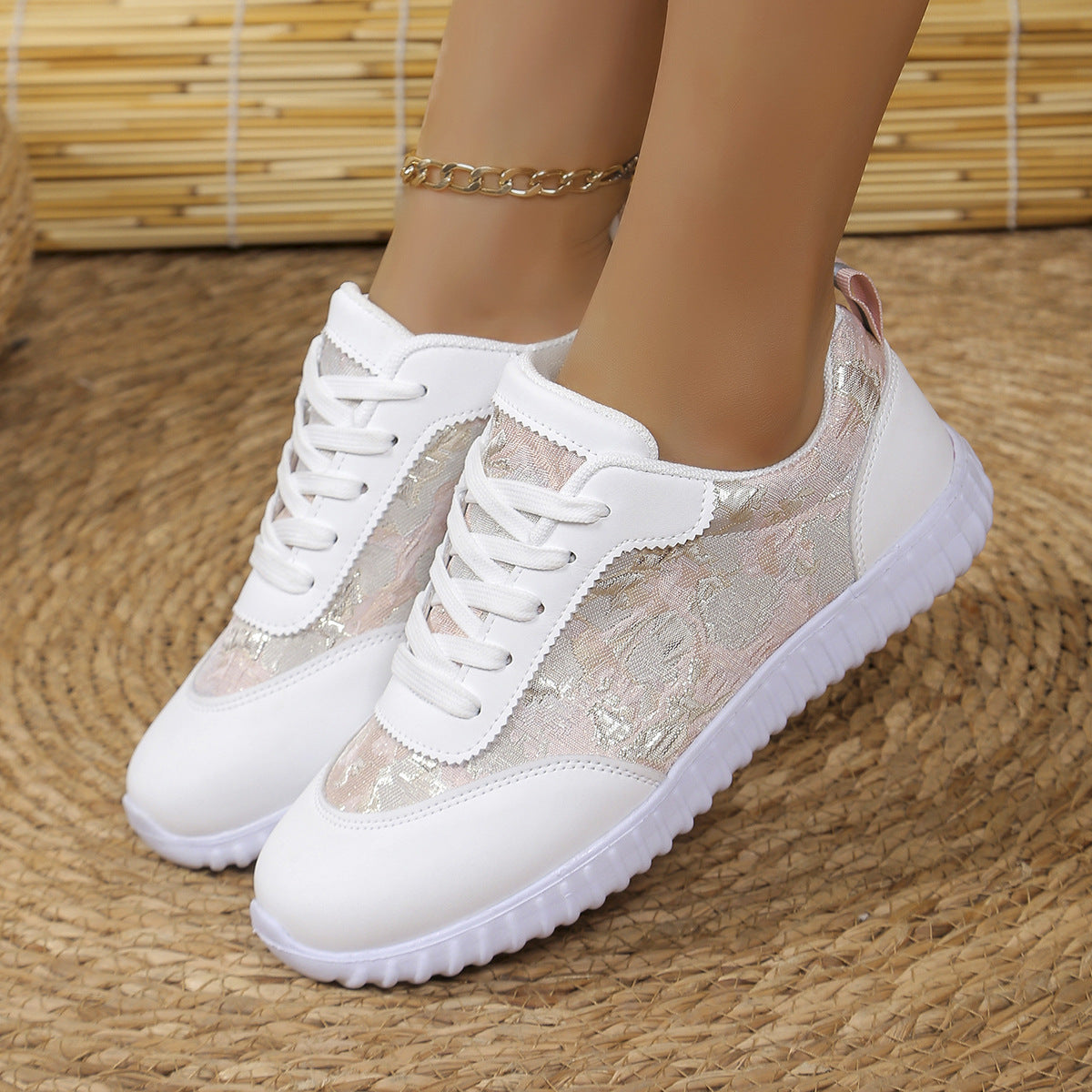 Versatile Lace-up Flat Shoes Casual Lightweight Thick-soled Running Sports Shoes Low-top Breathable Sneakers For Women